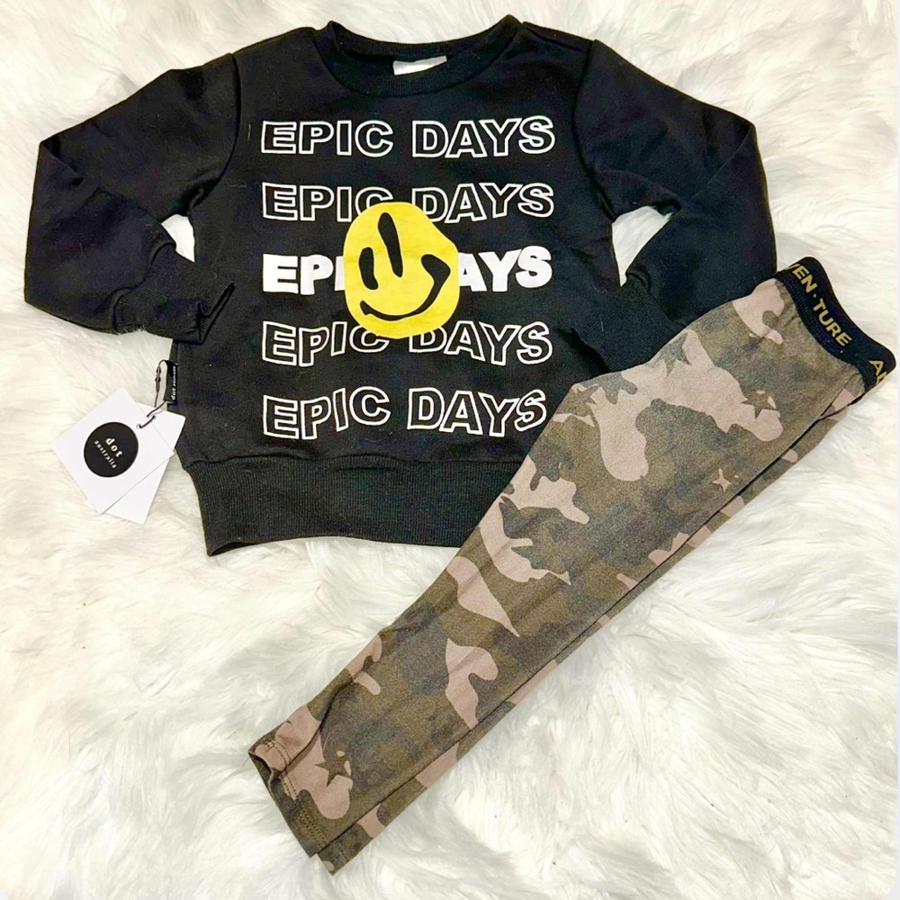 Kids Camo Leggings Set and Smiley World Epic Days Dot Australia sweatshirt 2T